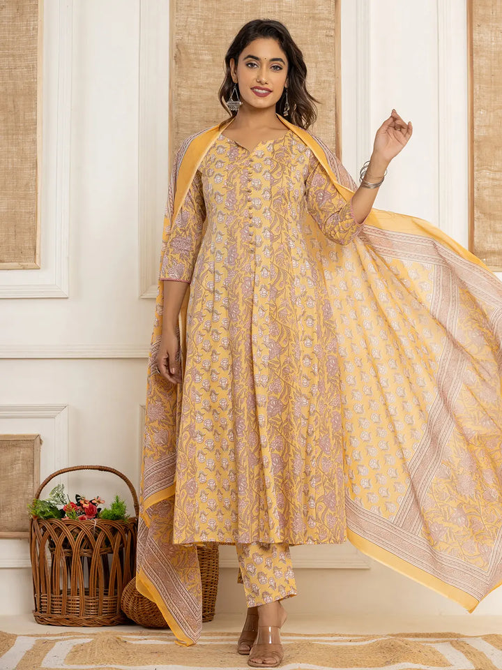 Cotton Mustard Anarkali Kurta Dupatta Set-Yufta Store-6937SKDMSS