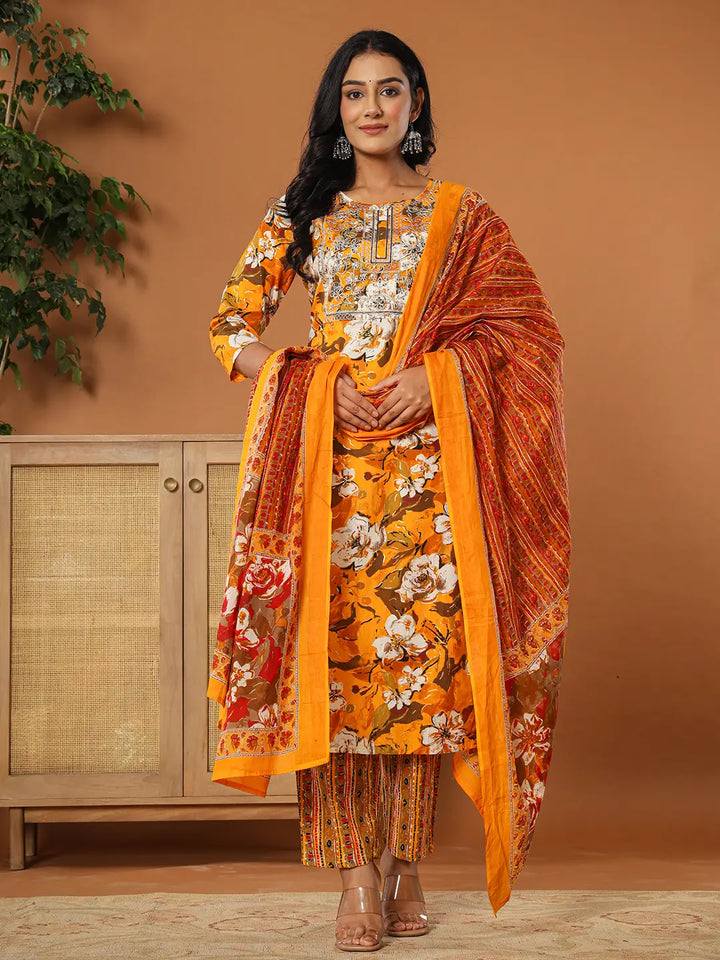 Cotton Mustard Embroidered Kurta Dupatta Set-Yufta Store-6127SKDMSM