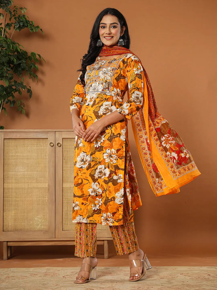 Cotton Mustard Embroidered Kurta Dupatta Set-Yufta Store-6127SKDMSM