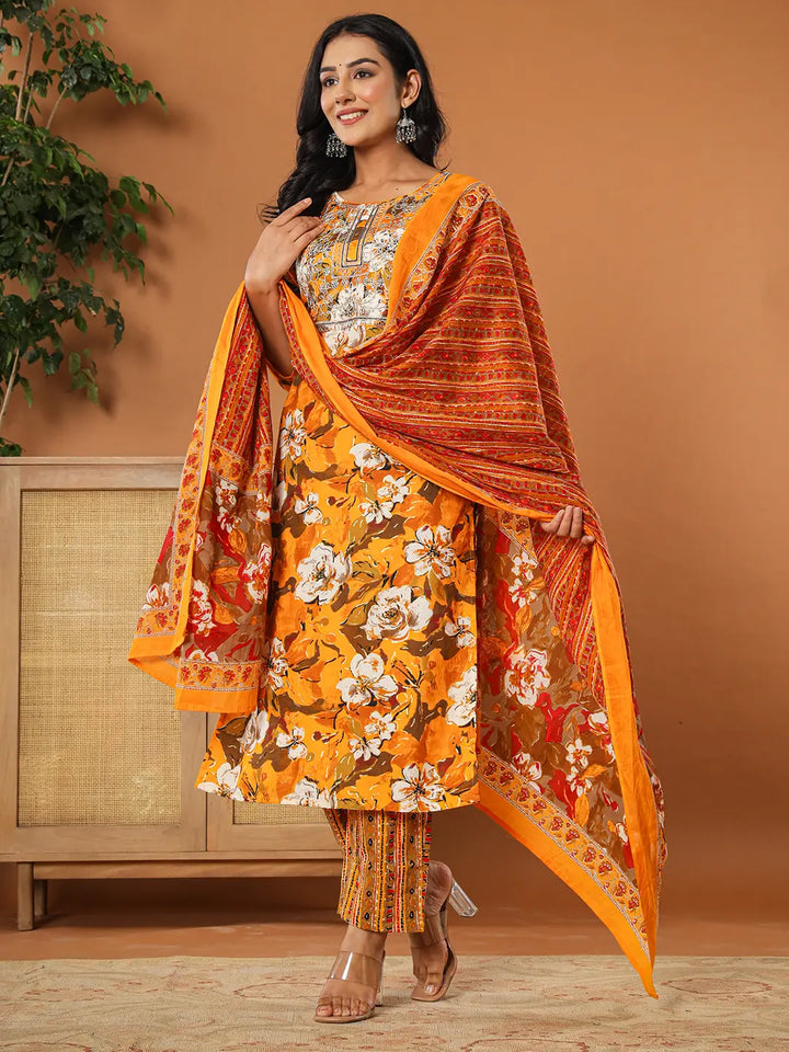 Cotton Mustard Embroidered Kurta Dupatta Set-Yufta Store-6127SKDMSM