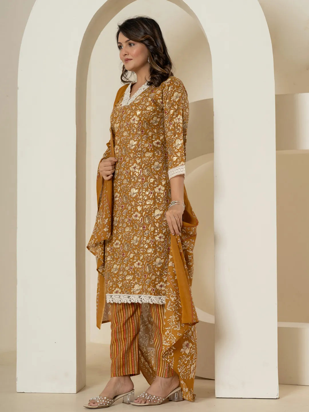 Cotton Mustard Floral Print Cotton Straight Kurta Dupatta Pant Set-Yufta Store-7235SKDMSM