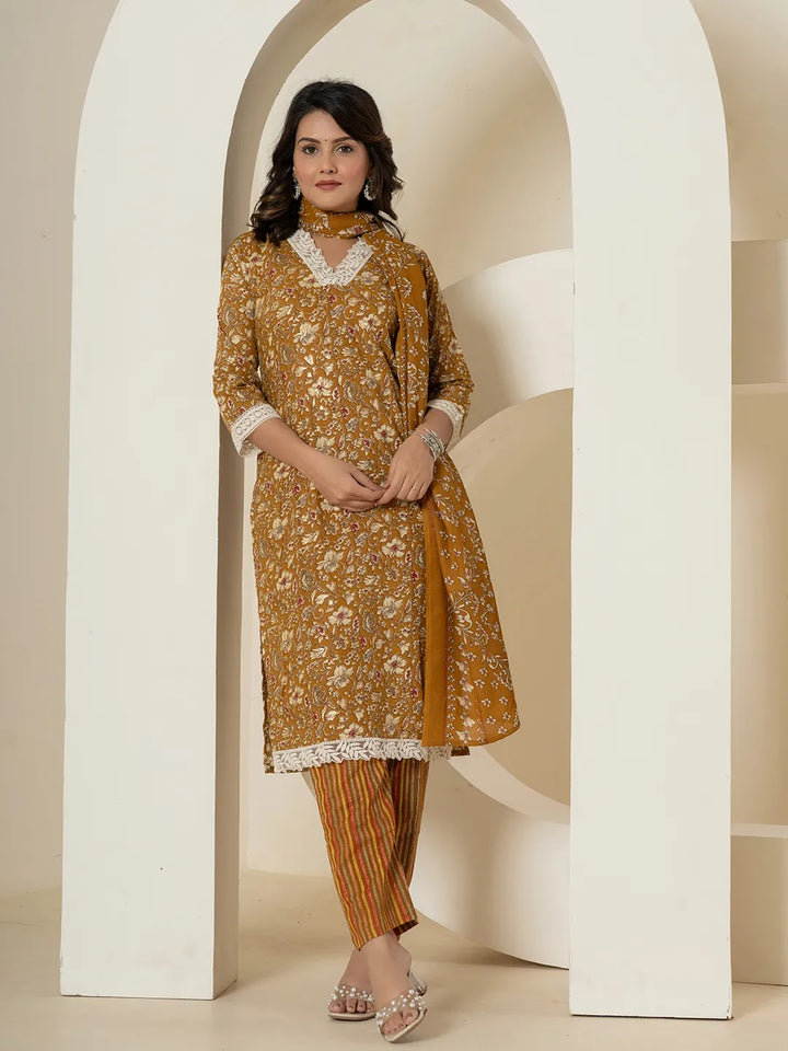 Cotton Mustard Floral Print Cotton Straight Kurta Dupatta Pant Set-Yufta Store-7235SKDMSM