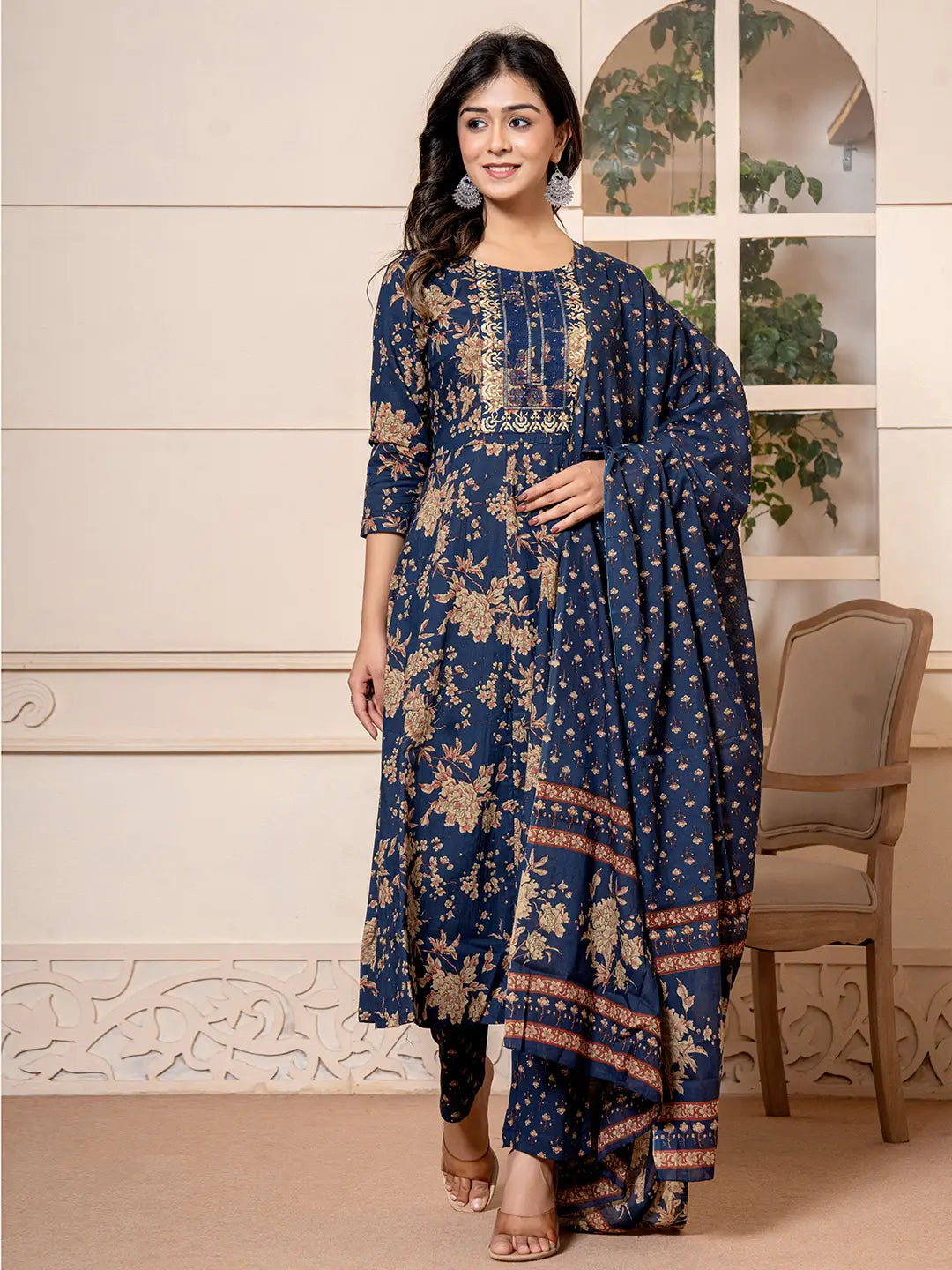 Cotton Navy Blue Anarkali Dupatta Set-Yufta Store-7029SKDNBS