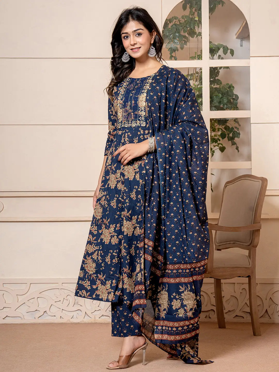 Cotton Navy Blue Anarkali Dupatta Set-Yufta Store-7029SKDNBS