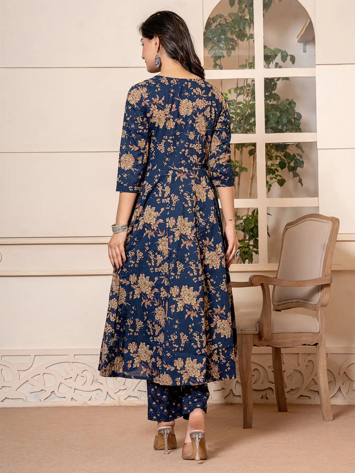 Cotton Navy Blue Anarkali Dupatta Set-Yufta Store-7029SKDNBS