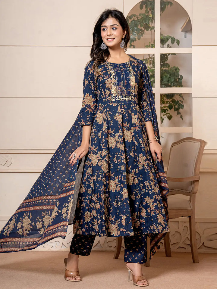 Cotton Navy Blue Anarkali Dupatta Set-Yufta Store-7029SKDNBS