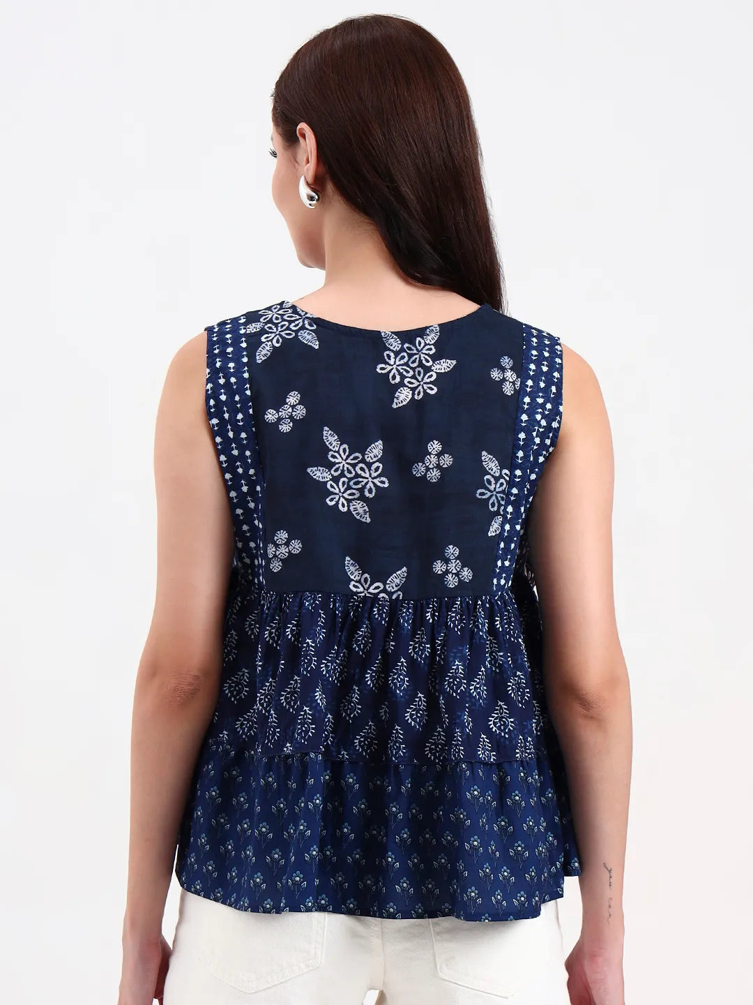 Cotton Navy Blue Patch Work Top-Yufta Store-7376TOPNBS