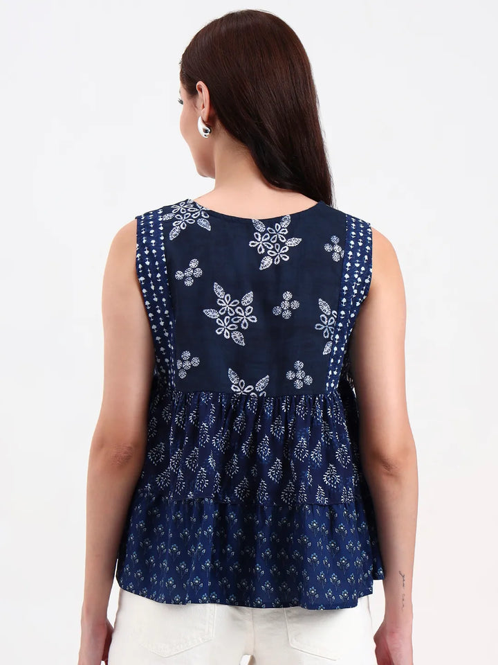 Cotton Navy Blue Patch Work Top-Yufta Store-7376TOPNBS