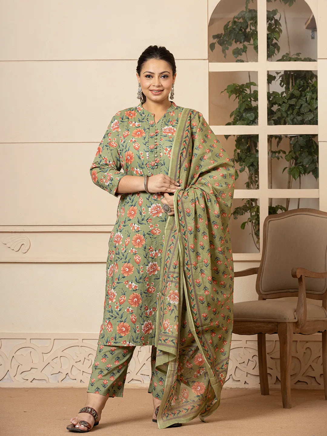 Cotton Olive Floral Print Plus Size Kurta Dupatta Pant Set-Yufta Store-6947PSKDOL3XL