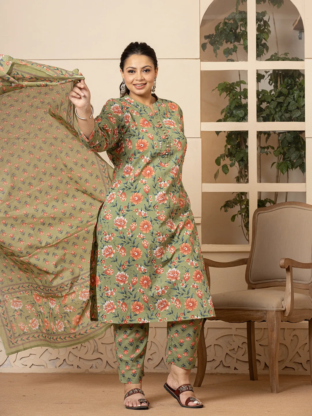 Cotton Olive Floral Print Plus Size Kurta Dupatta Pant Set-Yufta Store-6947PSKDOL3XL