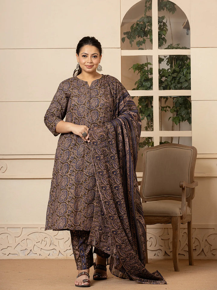 Cotton Olive Paisley Print Plus Size Kurta Dupatta Set-Yufta Store-7083PSKDOL3XL