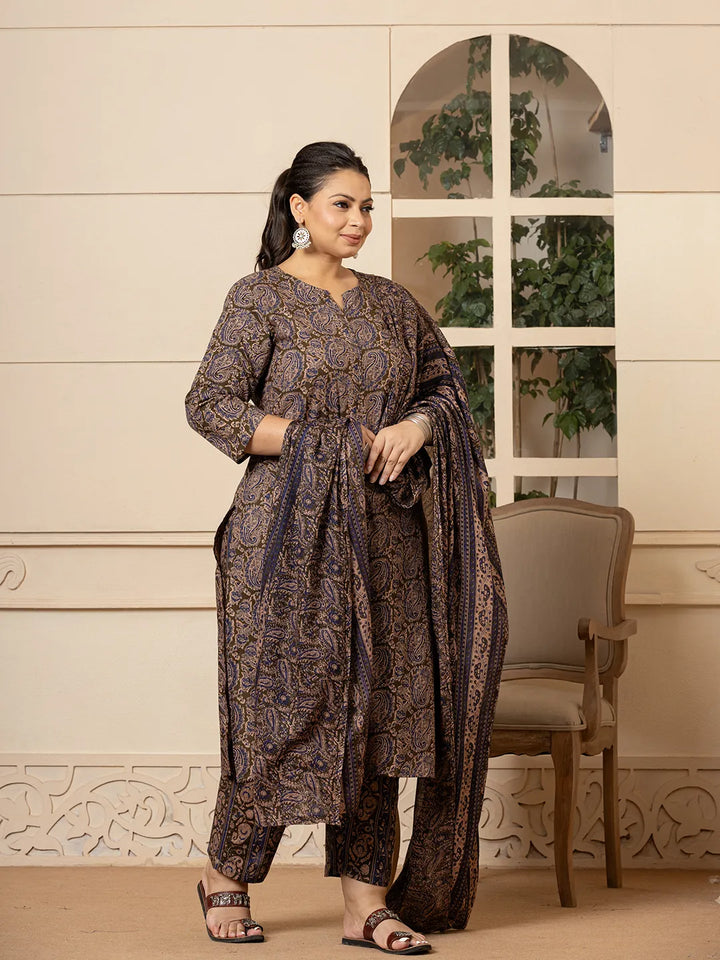 Cotton Olive Paisley Print Plus Size Kurta Dupatta Set-Yufta Store-7083PSKDOL3XL