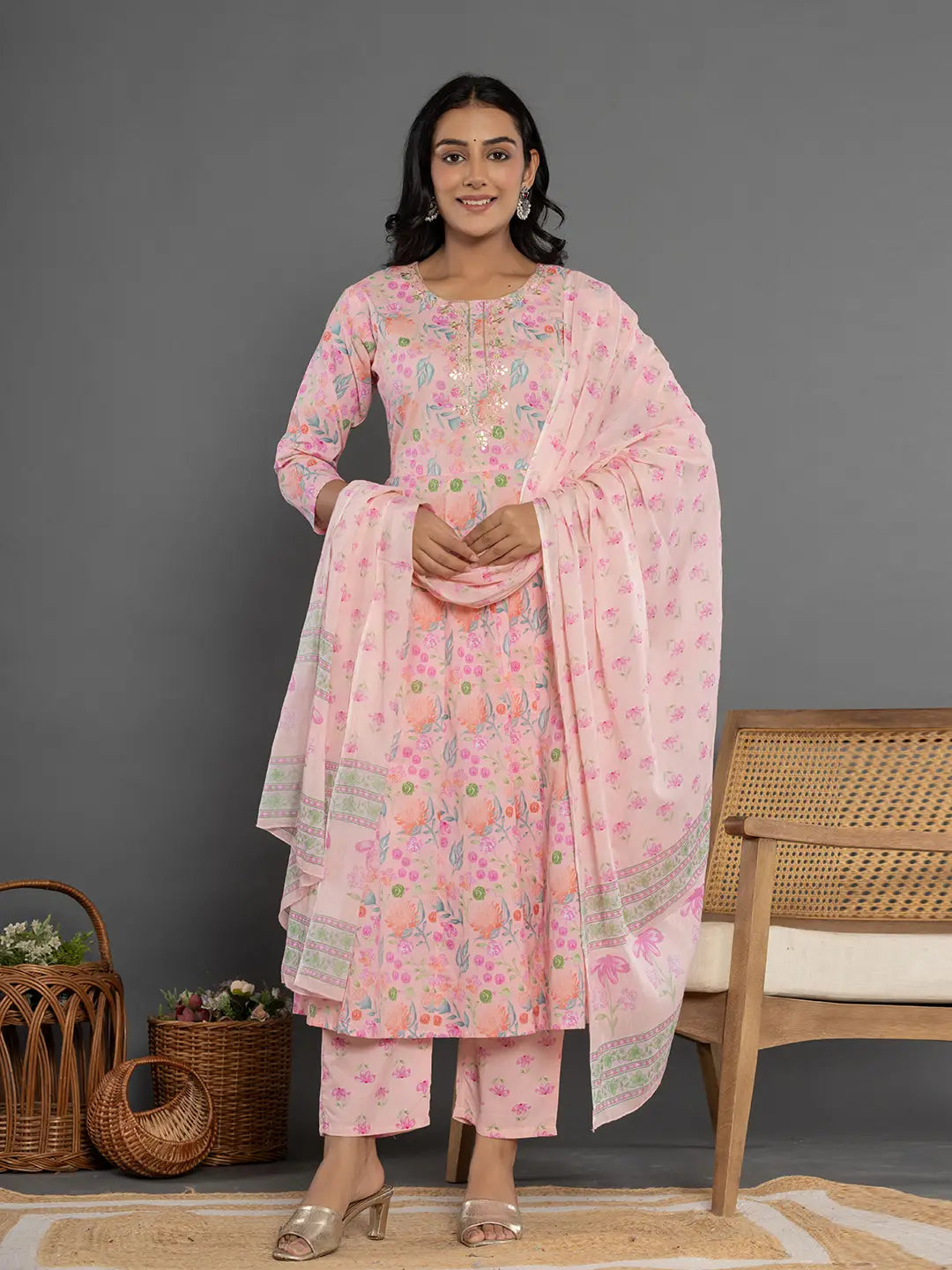 Cotton Peach Kurta Dupatta Pant Set-Yufta Store-7164SKDPCS