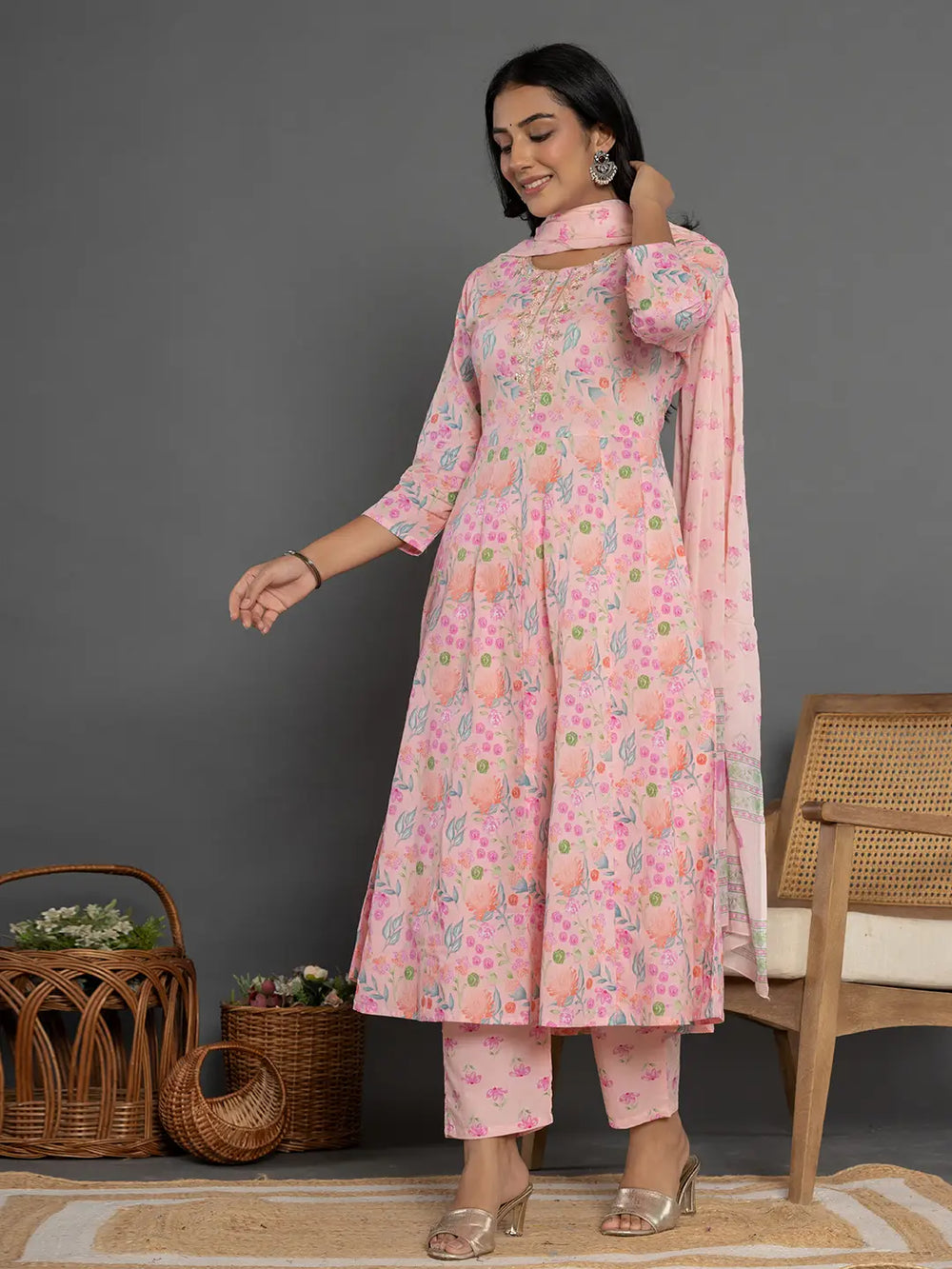 Cotton Peach Kurta Dupatta Pant Set-Yufta Store-7164SKDPCS