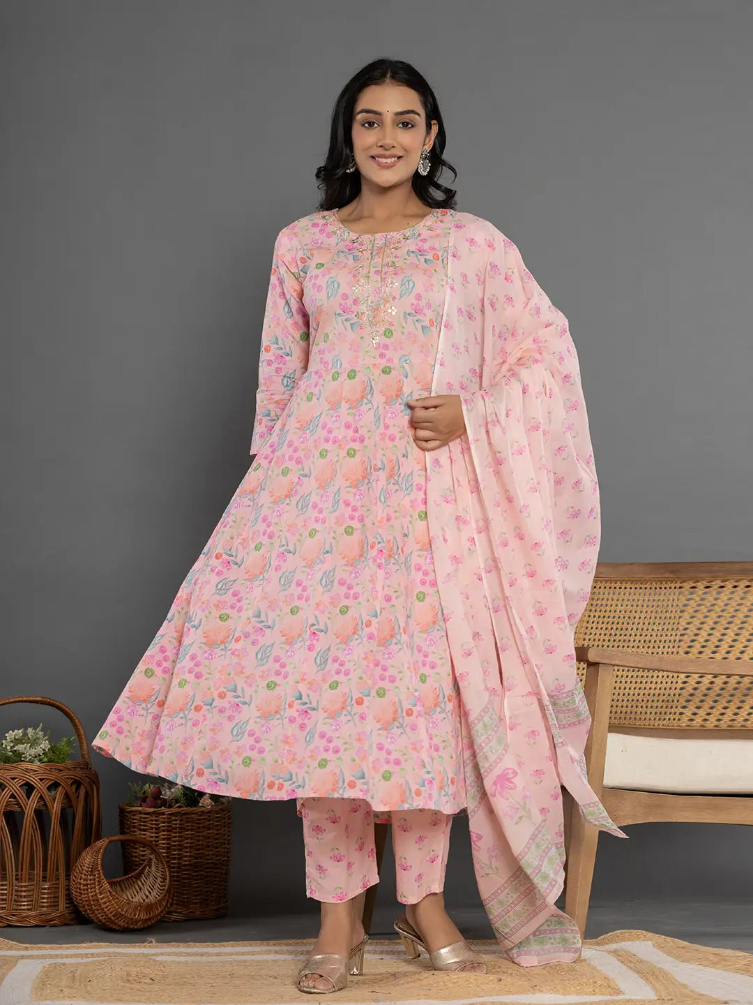 Cotton Peach Kurta Dupatta Pant Set-Yufta Store-7164SKDPCS