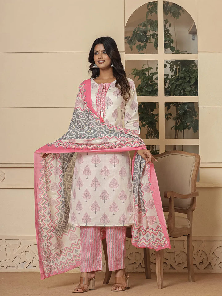 Cotton Pink And White Kurta Dupatta Set-Yufta Store-6957SKDPKS