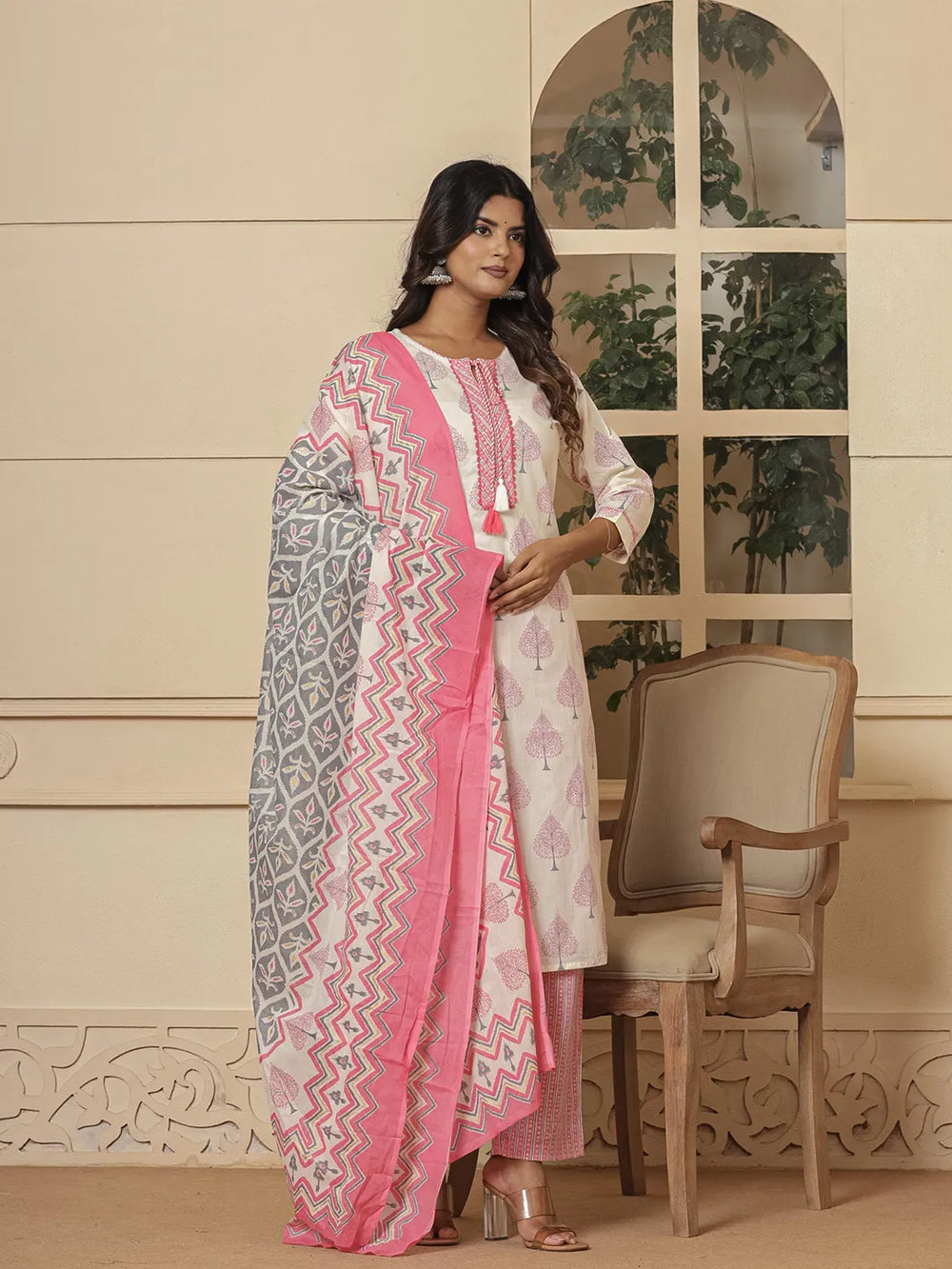 Cotton Pink And White Kurta Dupatta Set-Yufta Store-6957SKDPKS