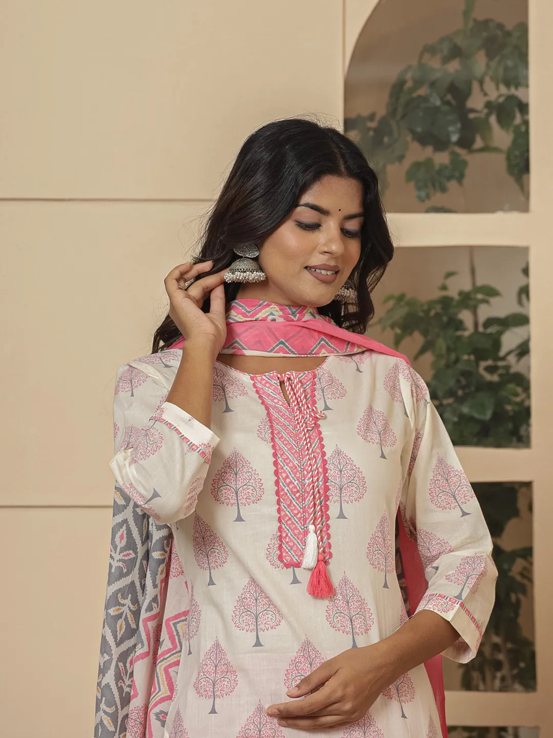 Cotton Pink And White Kurta Dupatta Set-Yufta Store-6957SKDPKS