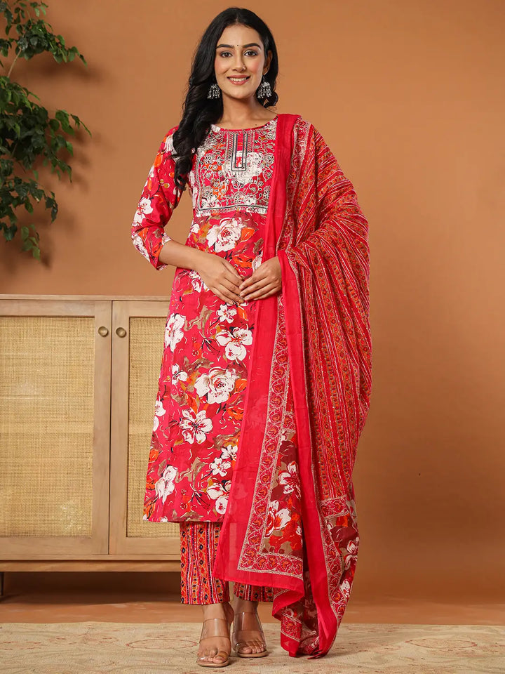 Cotton Pink Embroidered Kurta Dupatta Set-Yufta Store-6127SKDPKM