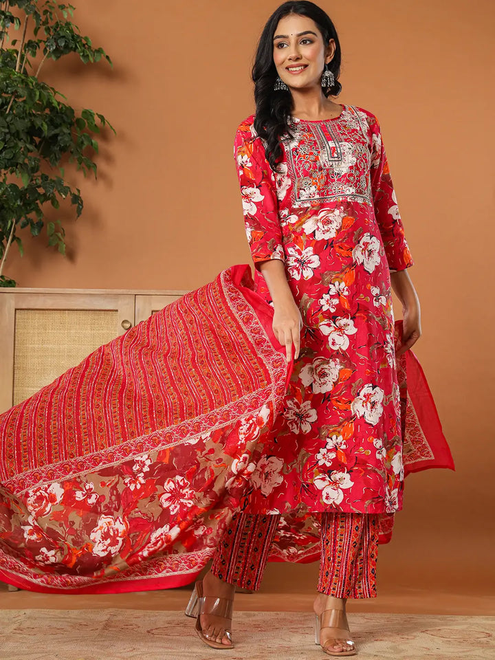 Cotton Pink Embroidered Kurta Dupatta Set-Yufta Store-6127SKDPKM