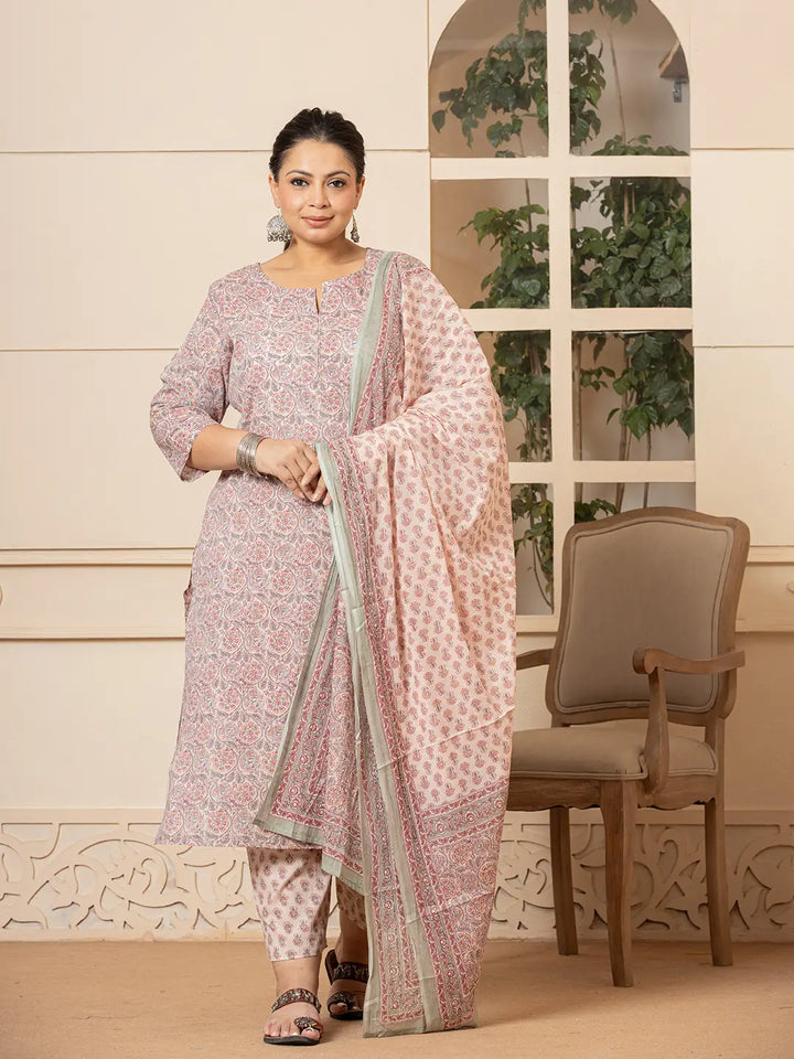 Cotton Pink Plus Size Piping Design Kurta Dupatta Pant Set-Yufta Store-6961PSKDPK3XL