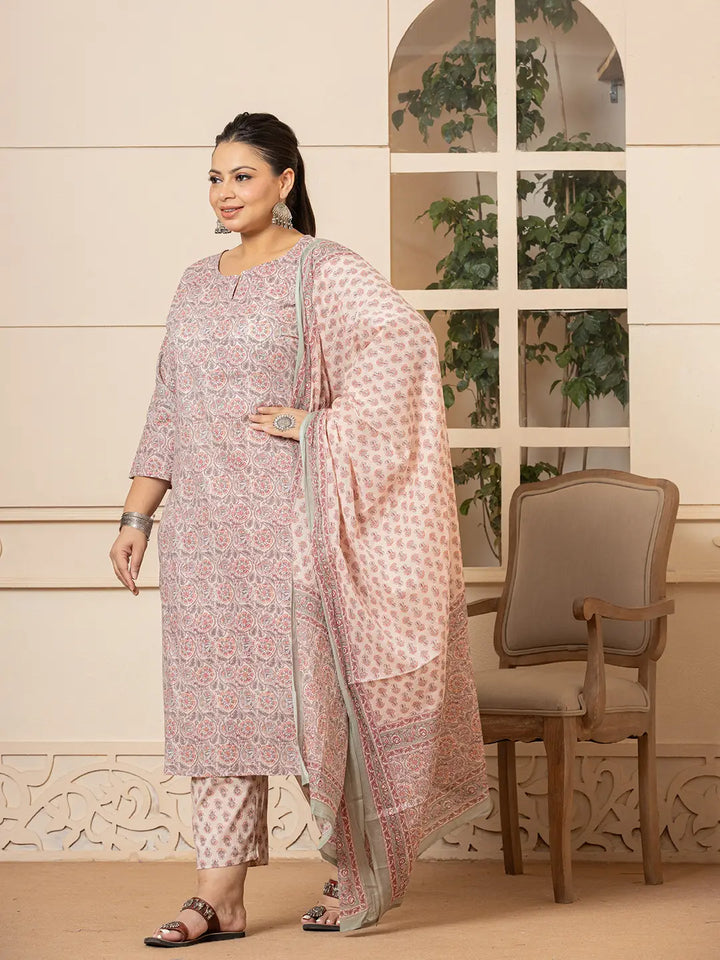 Cotton Pink Plus Size Piping Design Kurta Dupatta Pant Set-Yufta Store-6961PSKDPK3XL