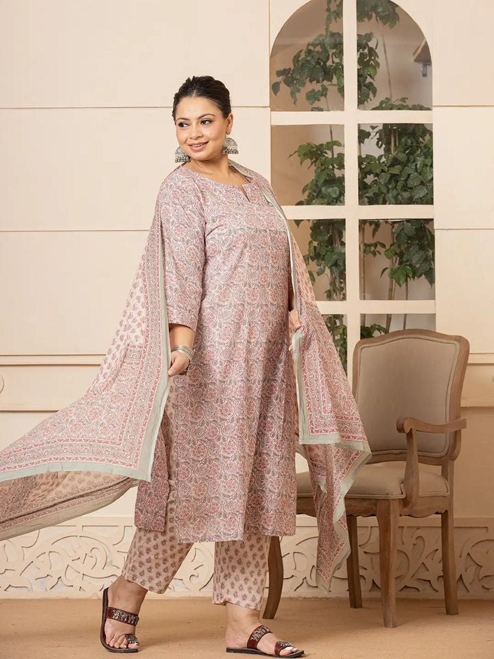 Cotton Pink Plus Size Piping Design Kurta Dupatta Pant Set-Yufta Store-6961PSKDPK3XL