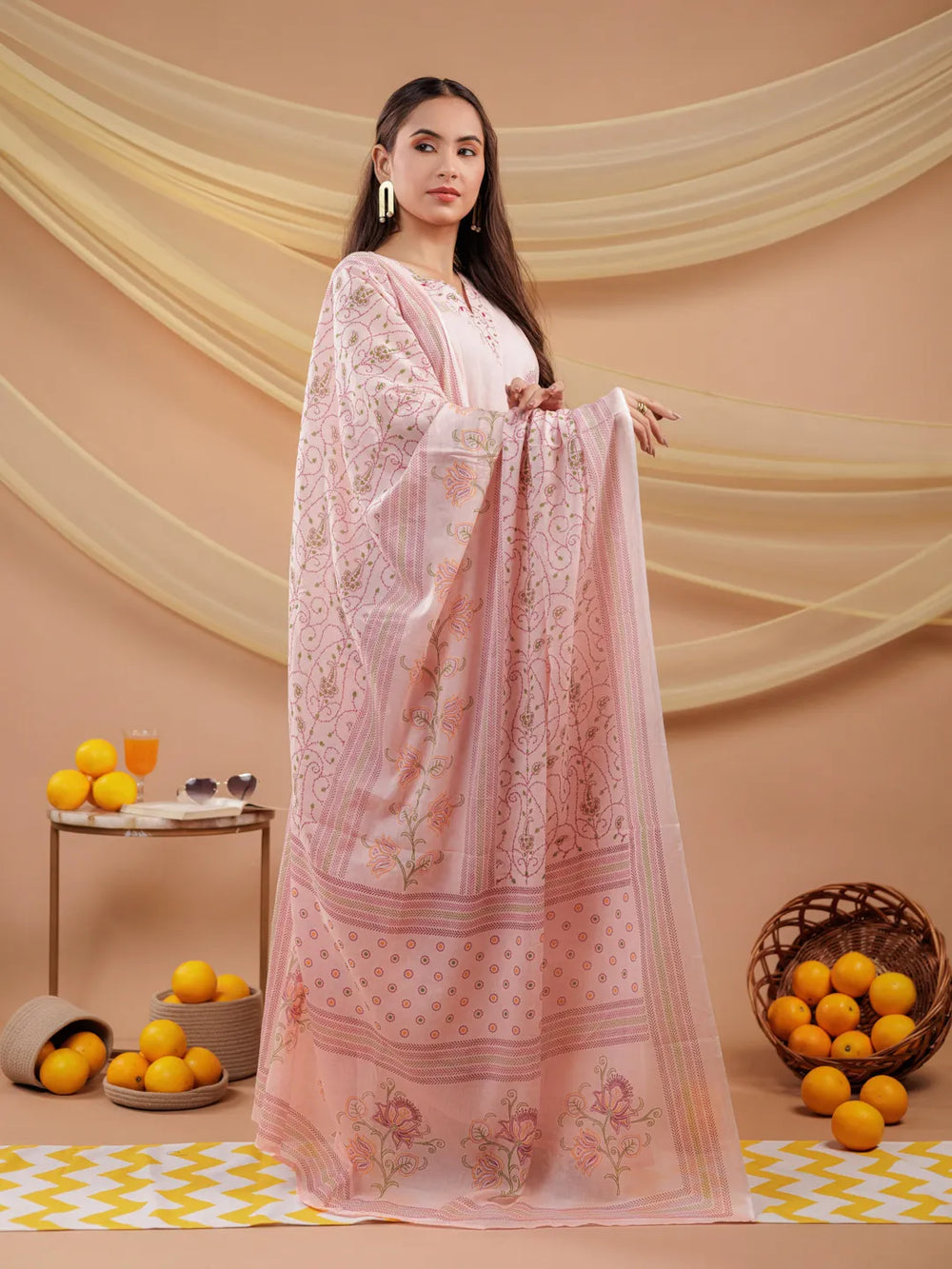 Cotton Pink Sleeveless Kurta Dupatta Set-Yufta Store-7043SKDPKS