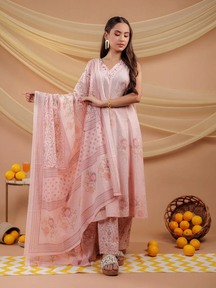 Cotton Pink Sleeveless Kurta Dupatta Set-Yufta Store-7043SKDPKS