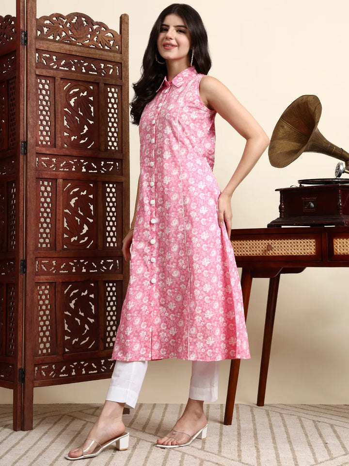 Cotton Pink Sleeveless Kurta-Yufta Store-7373KURPKS