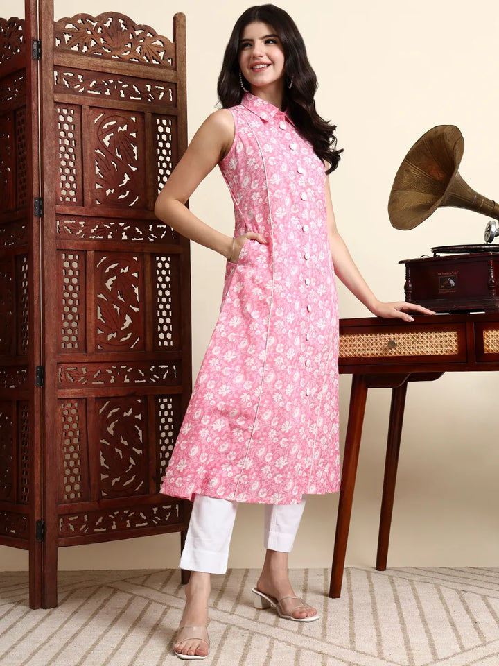 Cotton Pink Sleeveless Kurta-Yufta Store-7373KURPKS