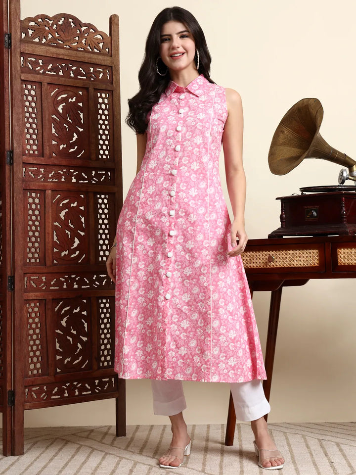 Cotton Pink Sleeveless Kurta-Yufta Store-7373KURPKS