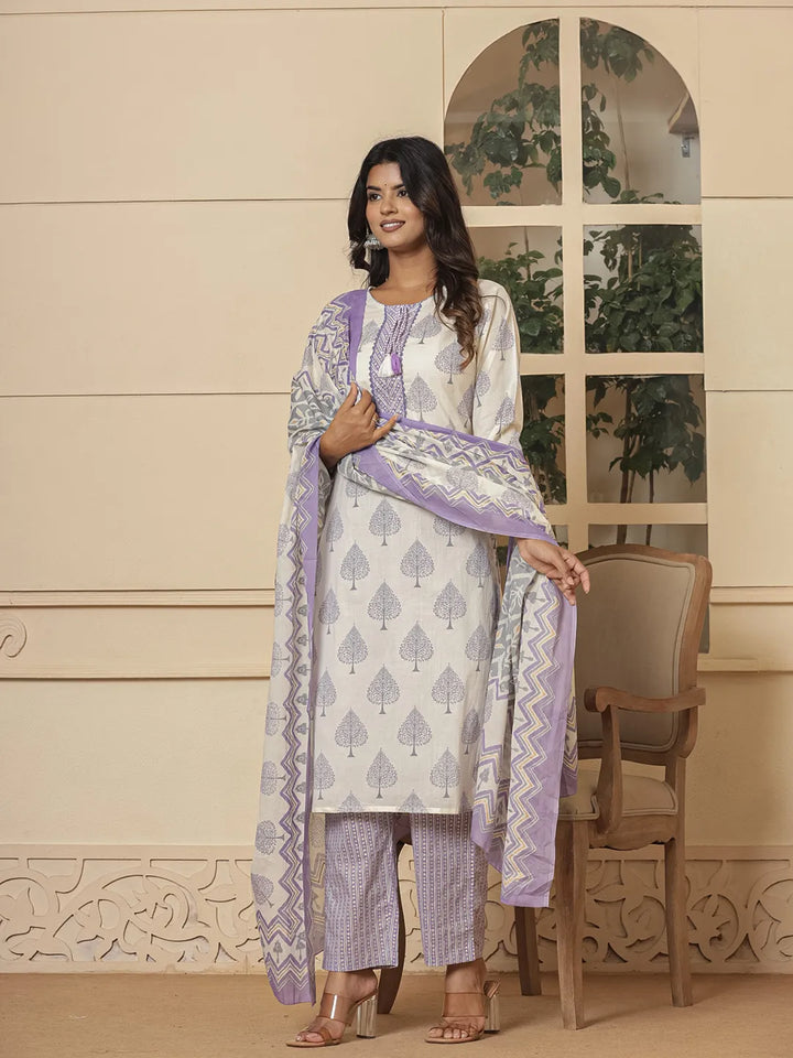 Cotton Purple And White Kurta Dupatta Set-Yufta Store-6957SKDPRS