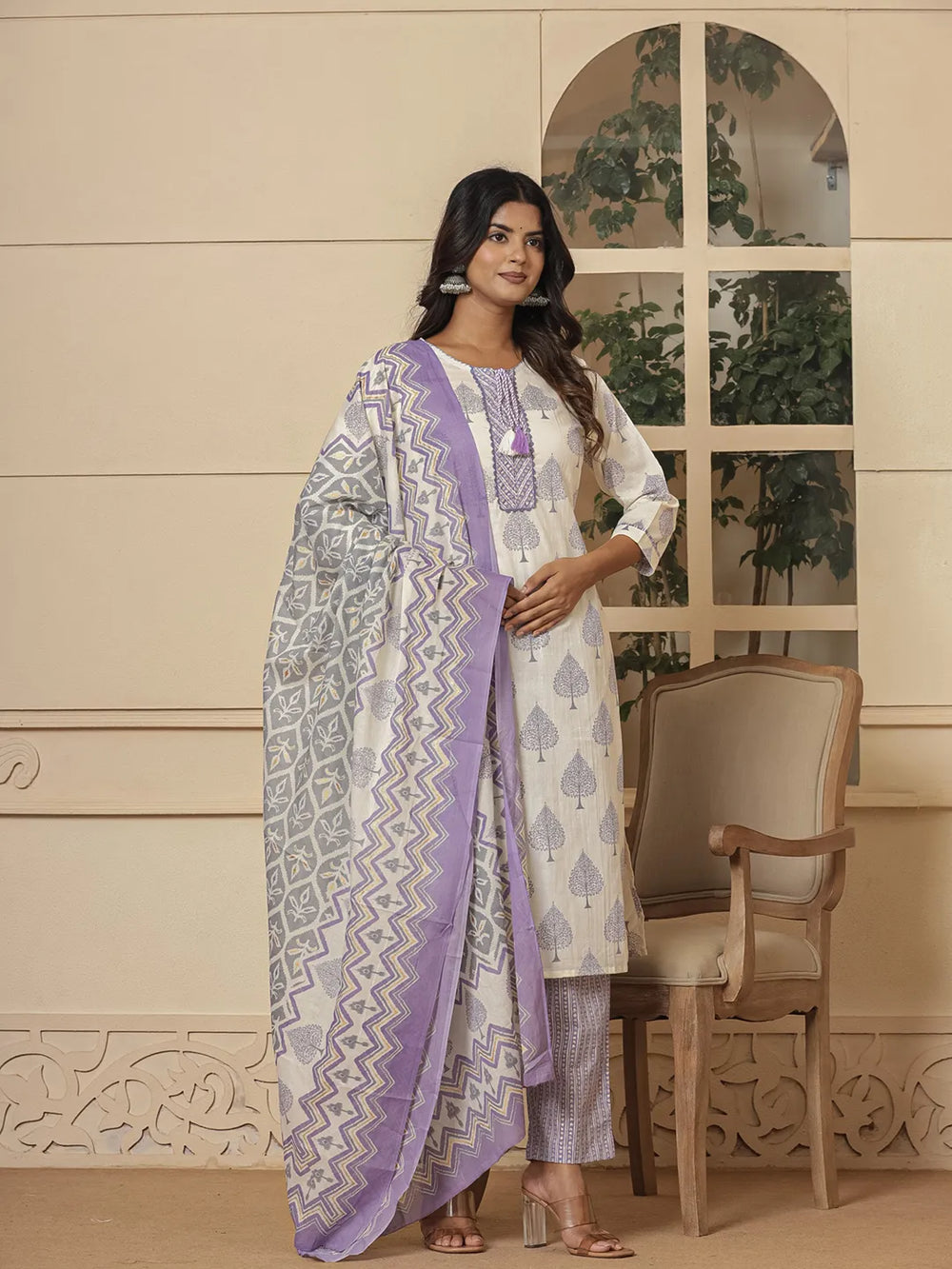 Cotton Purple And White Kurta Dupatta Set-Yufta Store-6957SKDPRS