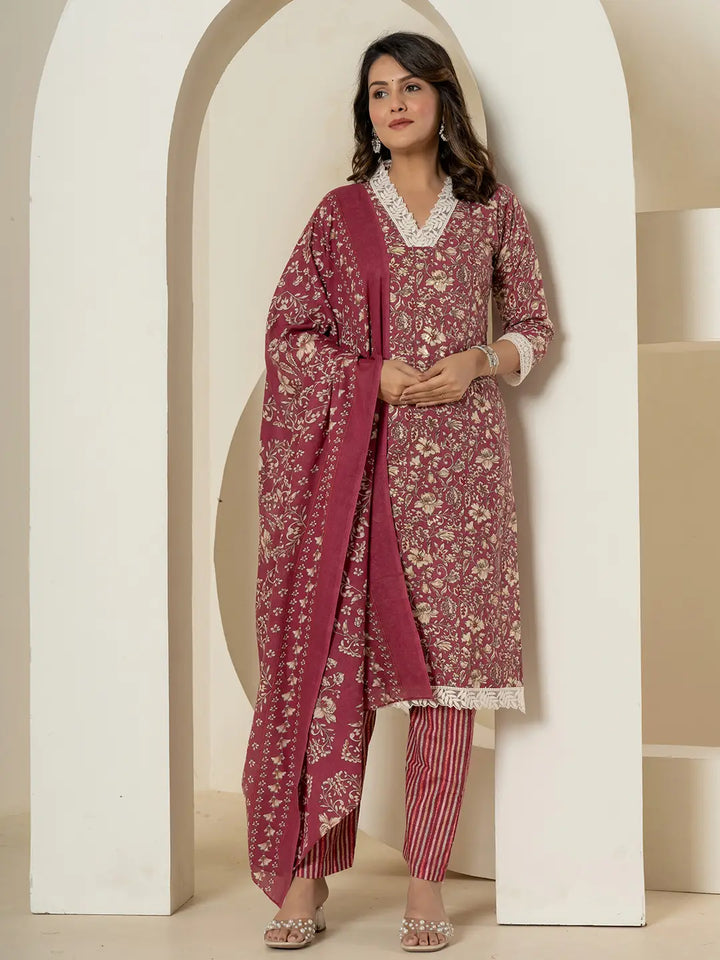 Cotton Purple Floral Print Cotton Straight Kurta Dupatta Pant Set-Yufta Store-7235SKDPRM