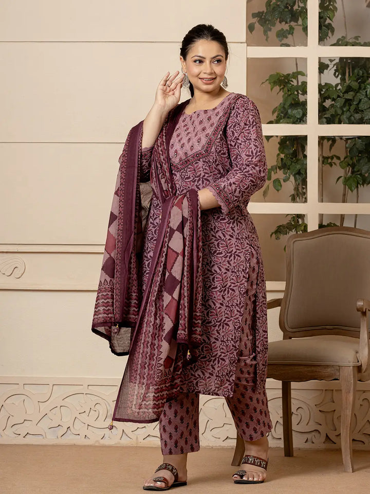 Cotton Purple Kantha_Work Plus Size Kurta Dupatta Pant Set-Yufta Store-6972PSKDPR3XL