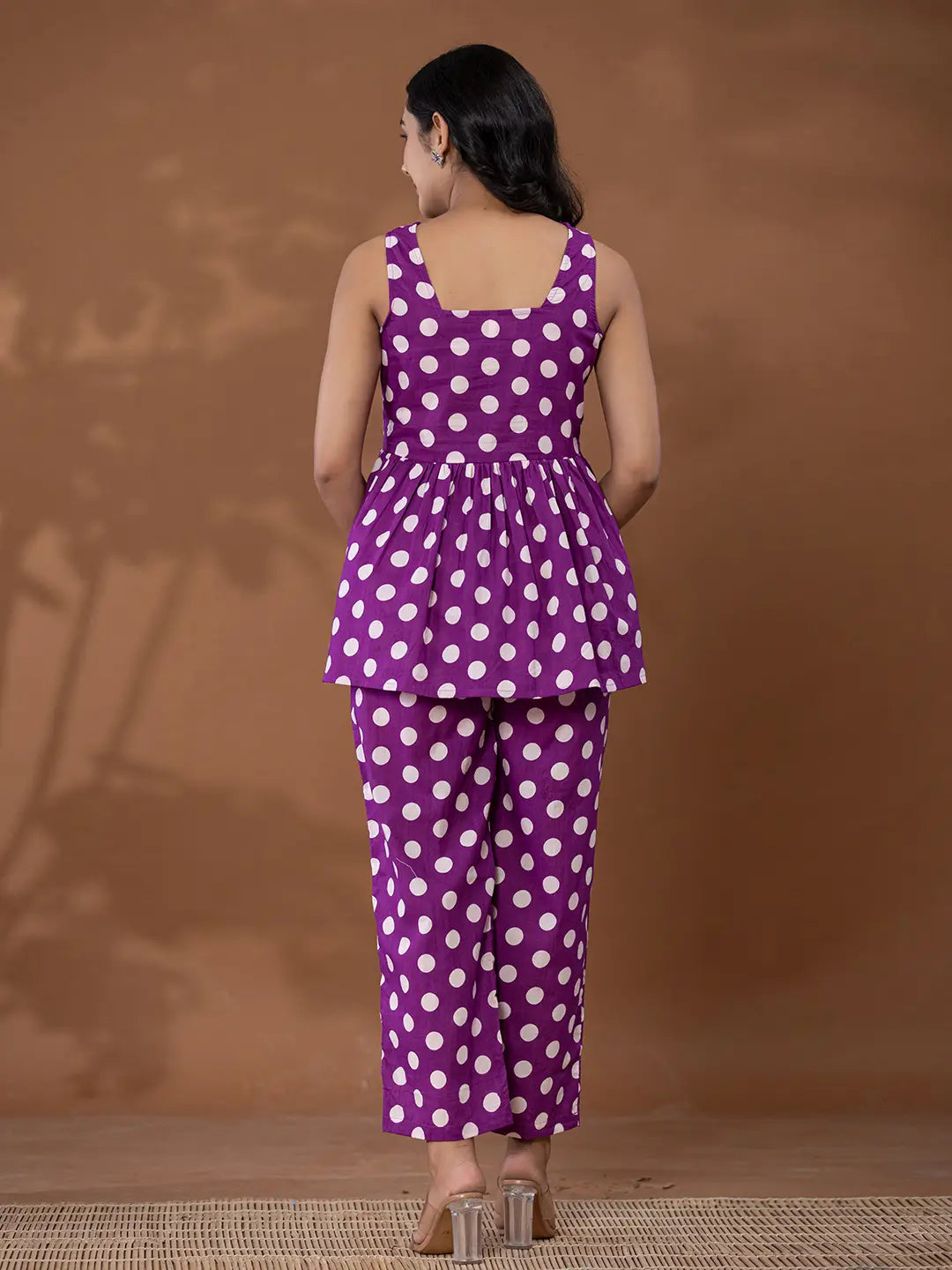 Cotton Purple Polka Dot Co-Ord Set-Yufta Store-7143CRDPRS