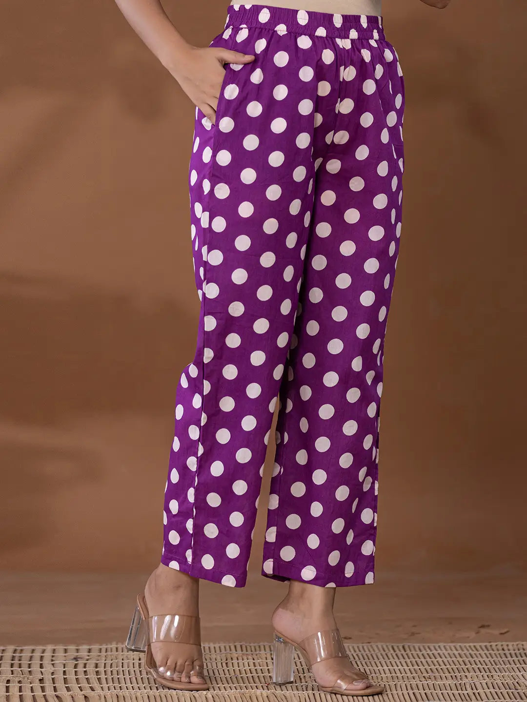 Cotton Purple Polka Dot Co-Ord Set-Yufta Store-7143CRDPRS