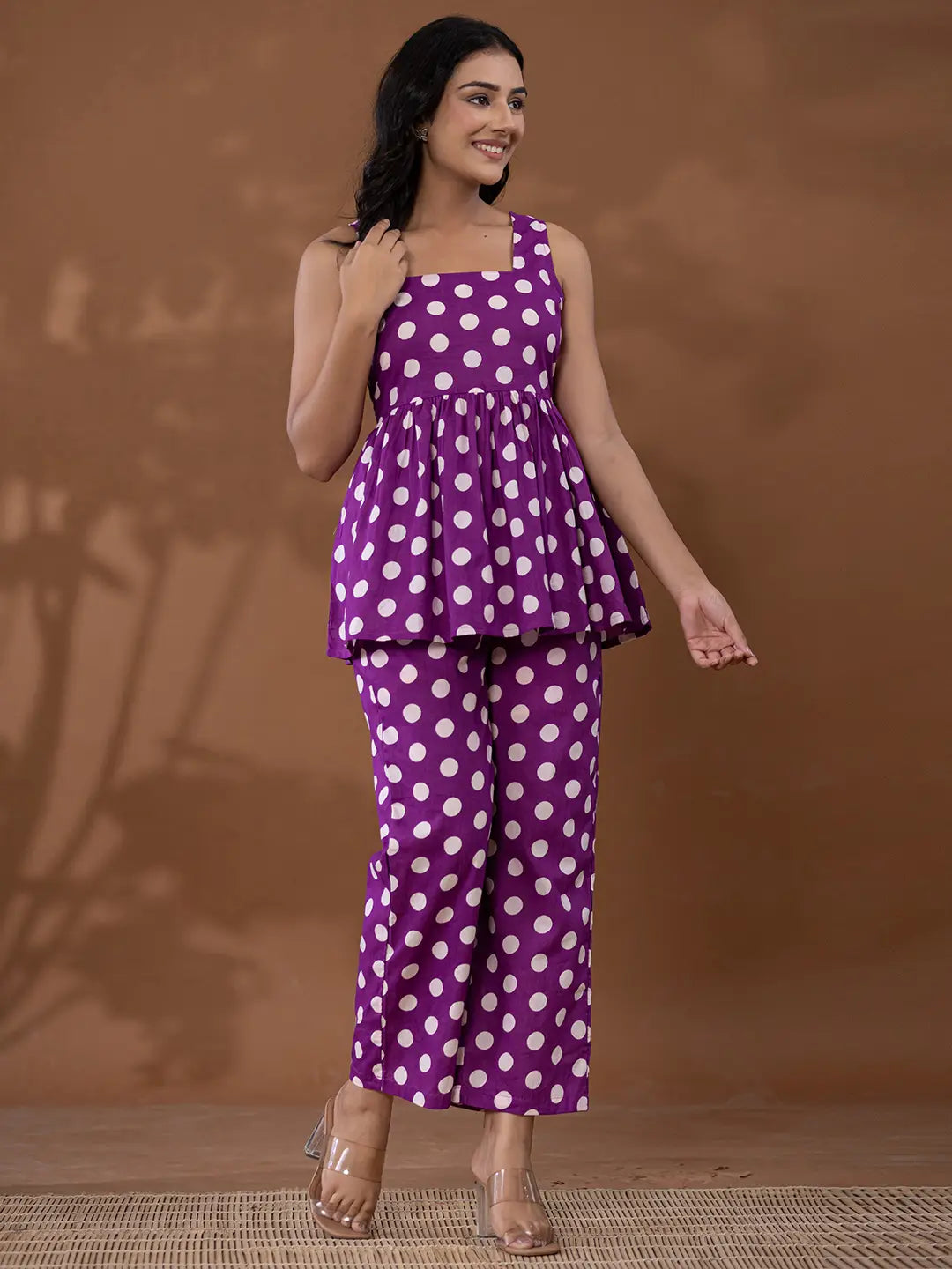 Cotton Purple Polka Dot Co-Ord Set-Yufta Store-7143CRDPRS