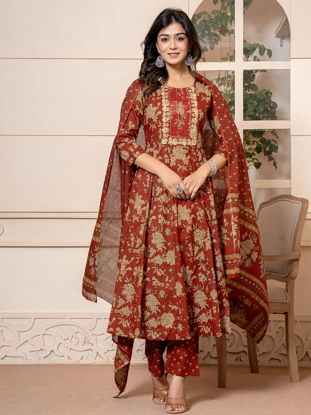 Cotton Red Anarkali Dupatta Set-Yufta Store-7029SKDRDS