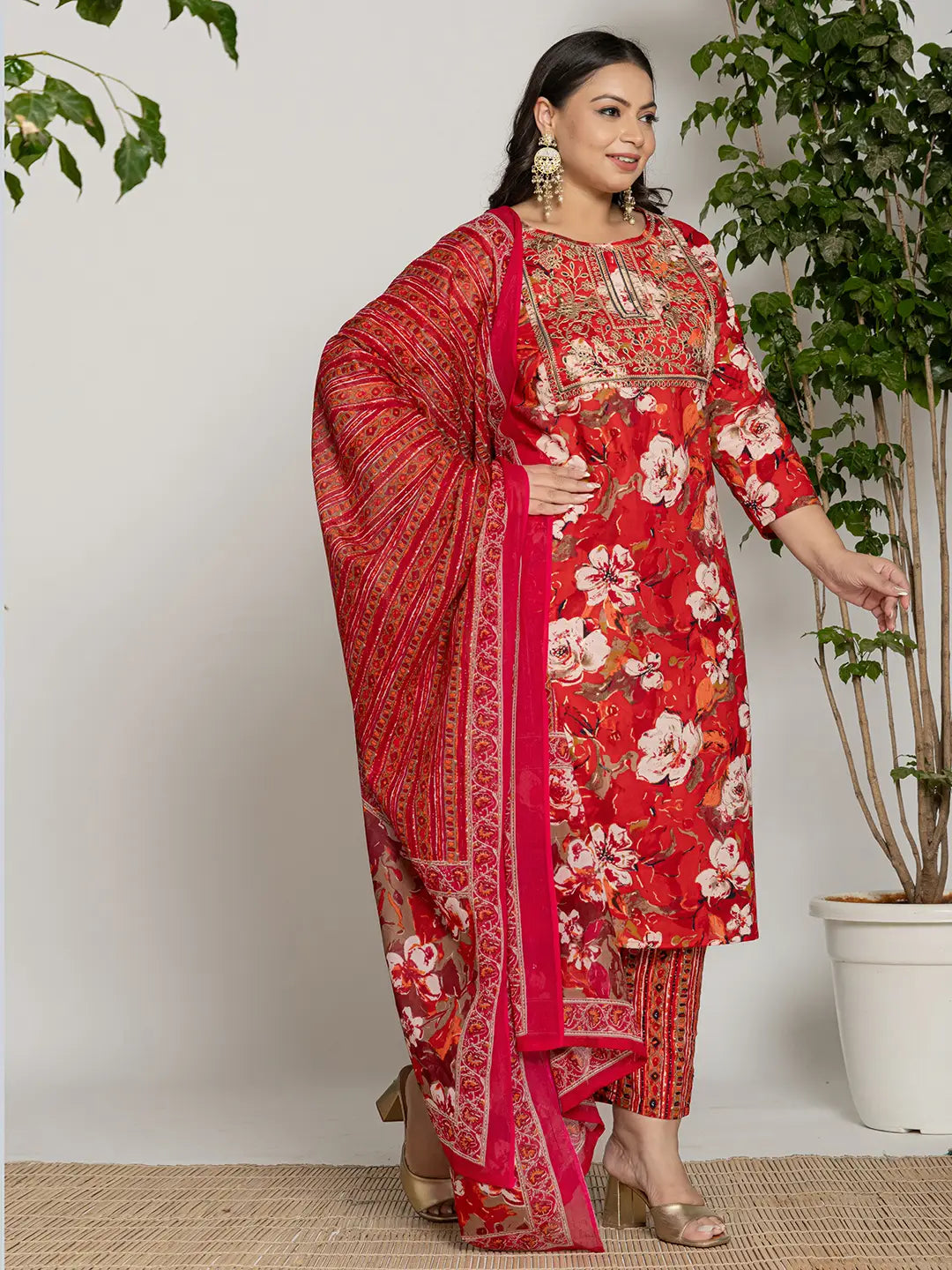 Cotton Red Embroidered Plus Size Kurta Dupatta Set-Yufta Store-6127PSKDRD3XL