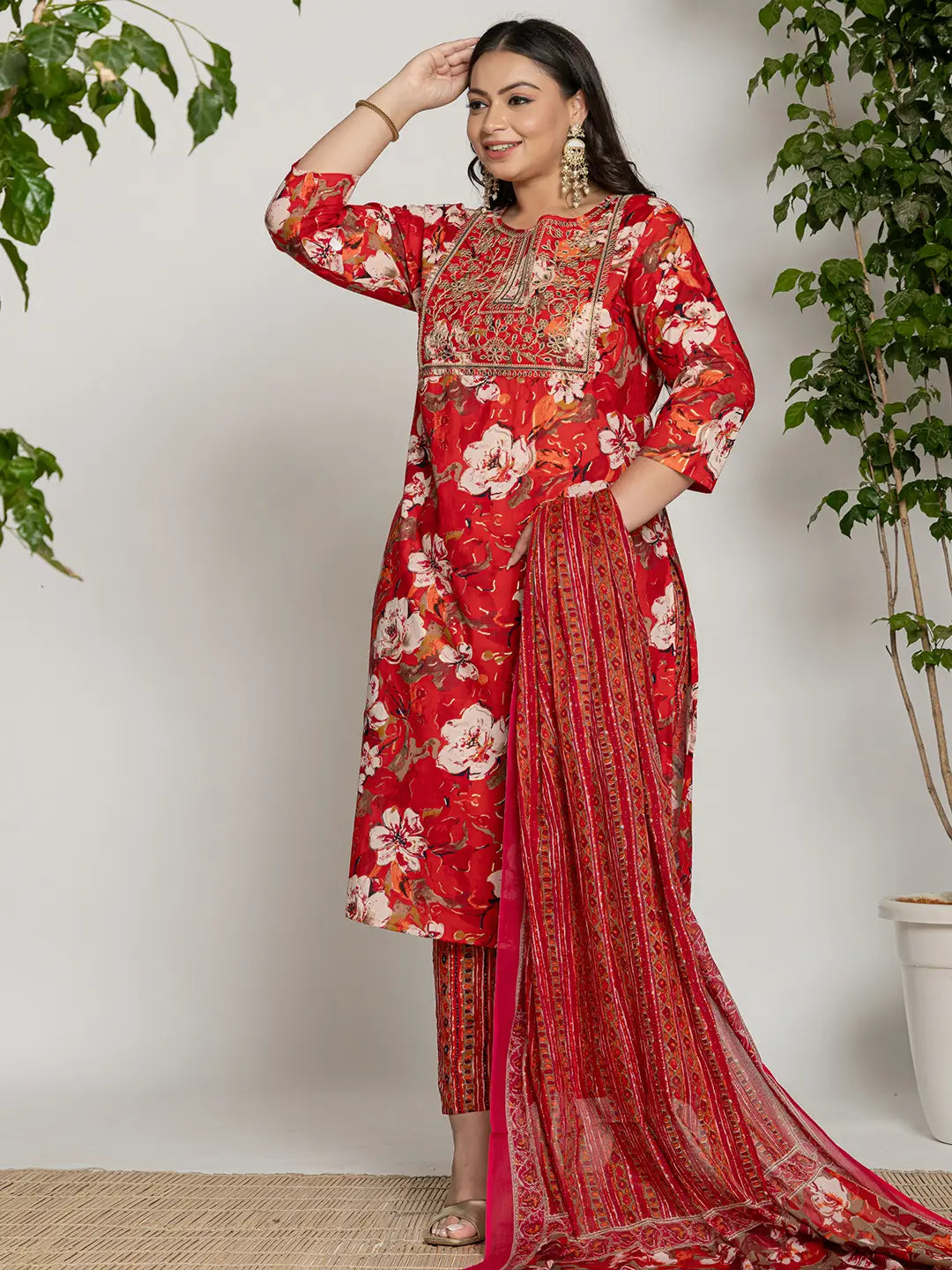 Cotton Red Embroidered Plus Size Kurta Dupatta Set-Yufta Store-6127PSKDRD3XL