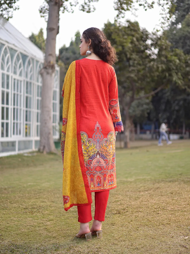Cotton Red Lace Work Pakistani Straight Kurta Trouser Dupatta Set-Yufta Store-6583SKDRDM