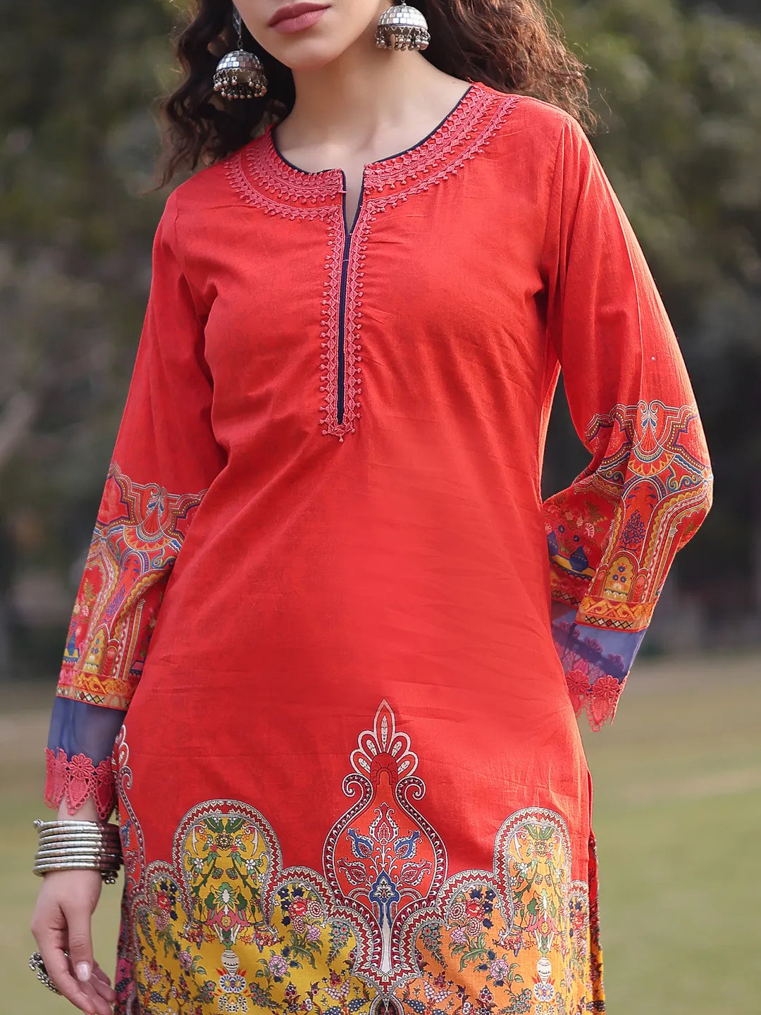 Cotton Red Lace Work Pakistani Straight Kurta Trouser Dupatta Set-Yufta Store-6583SKDRDM