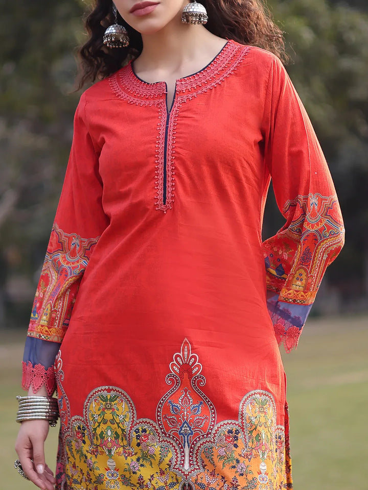 Cotton Red Lace Work Pakistani Straight Kurta Trouser Dupatta Set-Yufta Store-6583SKDRDM