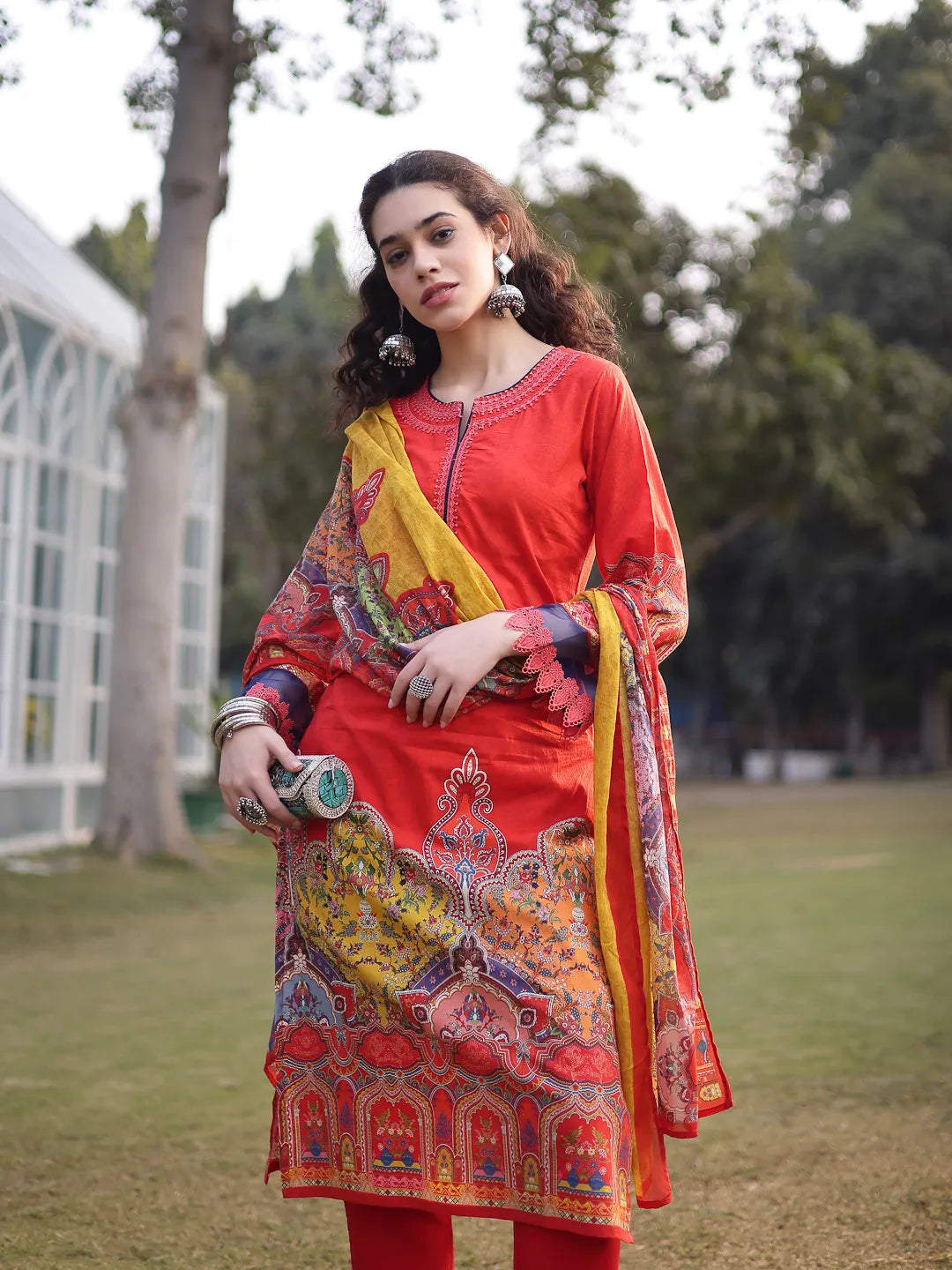 Cotton Red Lace Work Pakistani Straight Kurta Trouser Dupatta Set-Yufta Store-6583SKDRDM