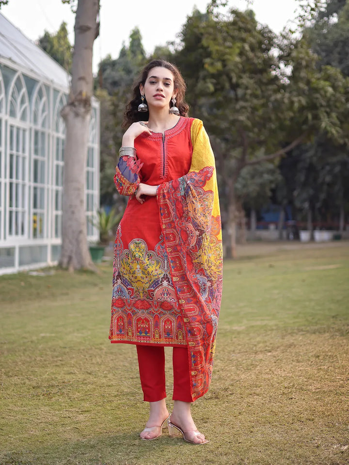 Cotton Red Lace Work Pakistani Straight Kurta Trouser Dupatta Set-Yufta Store-6583SKDRDM