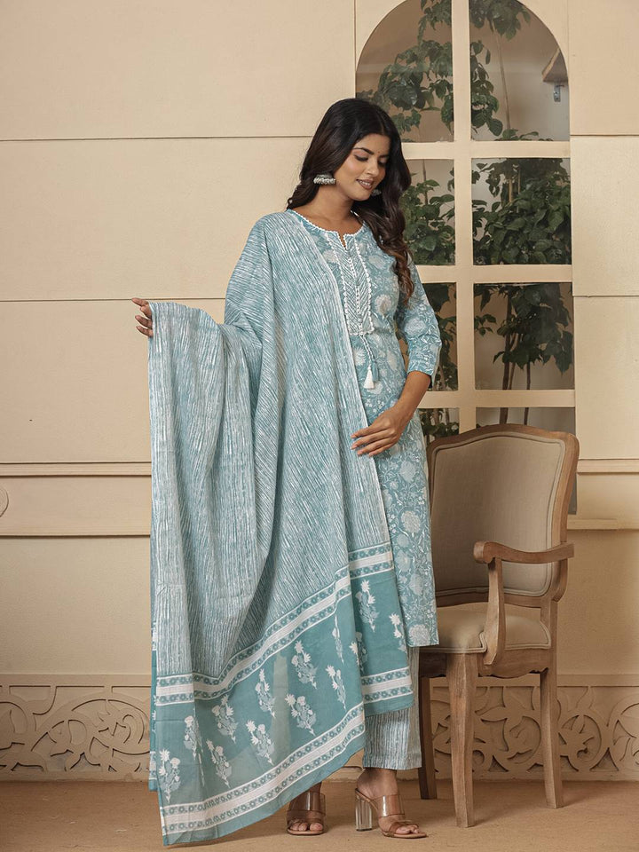 Cotton Sea Green Sequins_Work Straight Kurta Dupatta Set-Yufta Store-6010SKDSGS