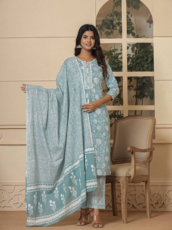 Cotton Sea Green Sequins_Work Straight Kurta Dupatta Set-Yufta Store-6010SKDSGS