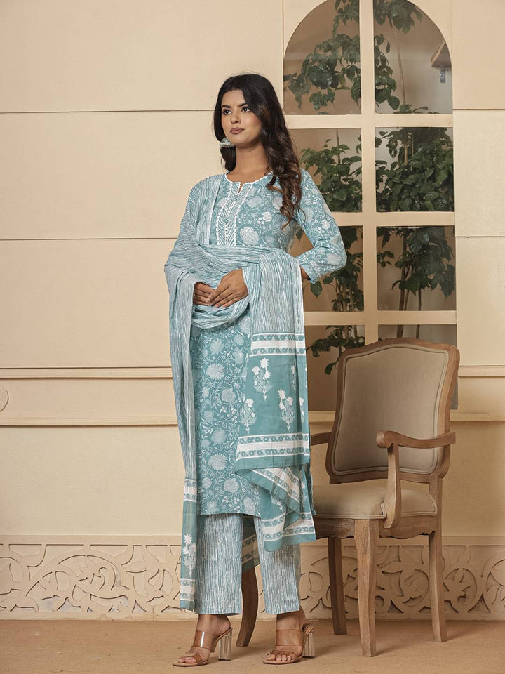 Cotton Sea Green Sequins_Work Straight Kurta Dupatta Set-Yufta Store-6010SKDSGS